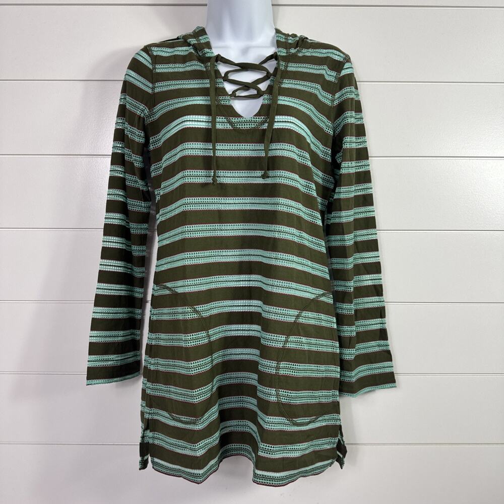 Prana Alexia Tunic Top Swim Hooded Chevron Crochet Green Stripe sz XS